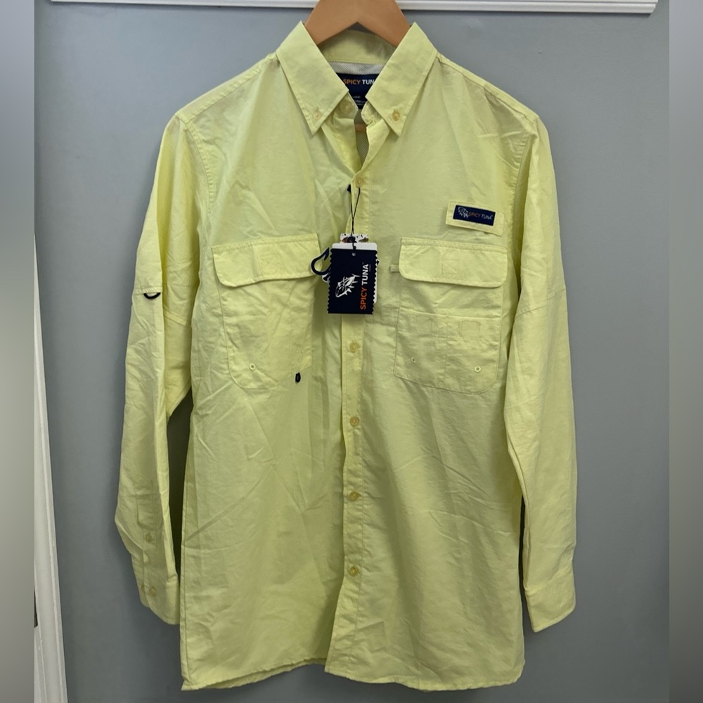 Spicy Tuna Mens M Yellow Nylon Long Sleeve Vented Button Up Fishing Shirt NWT